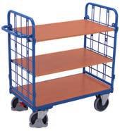 Shelf trolleys Shelf trolleys Modular system; Base structure with innovative frame section; Screwed tubular pushbar; 2 screwed connecting tubes; Load surface and shelves of wood-based board, surface