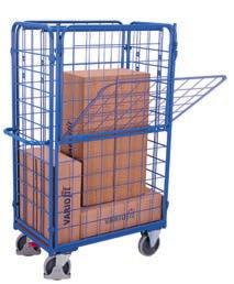 Shelf trolleys Modular system; Base structure with innovative frame section; Screwed tubular pushbar; 2 screwed connecting tubes; Load surface and shelves of wood-based board, surface finish beech;