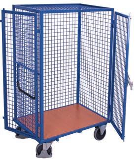 Shelf trolleys fixed welded Shelf trolleys fixed welded Fixed welded angle-steel construction; With or without double wing door; Trolleys with double wing doors have espagnolette bolt lock with