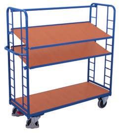 Shelf trolleys with sloping shelves Shelf trolleys with sloping shelves Modular system; Base structure with innovative frame section; Base and variable shelves of wood-based board, surface finish