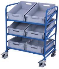 Euro container trolleys Euro container trolleys Welded steel construction; Pluggable / screwed; Tilts to 17 or 32 by bolting; Shelves open with plastic