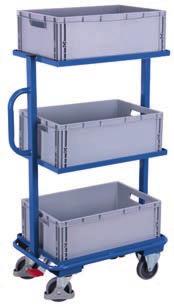 ; Carrying capacity upper and middle shelves: 50 kg; Trolley powder-coated RAL 5010 gentian blue; Permanent surface protection; Impact- and scratch-resistant; Grey non-marking thermoplastic rubber