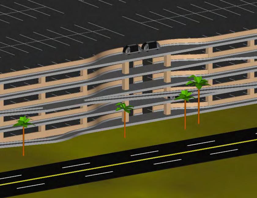 Figure 6 shows a parking garage, where it is desired to provide a high level of service, by having PRT stations on every floor.