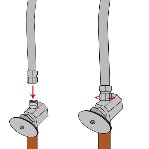 8. Then screw the remaining ends of the hot/cold supply hoses to the corresponding hot and cold water supply using