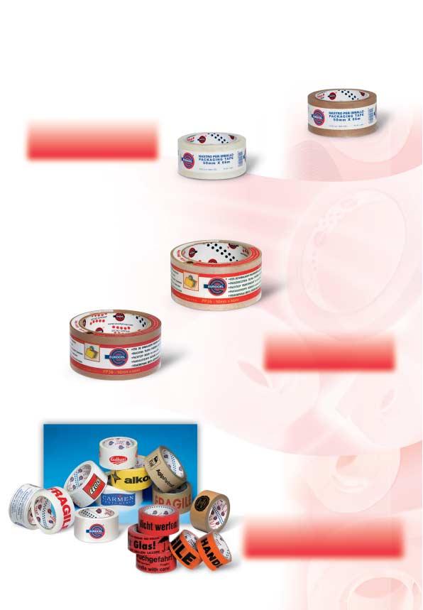 Hot melt 28 mµ hot melt packaging tape. Polypropylene film. Brown, white and clear. 00.211325 PP 31 38x66 48 00.211366 PP 31 50x66 36 00.211373 PP 31 50x132 36 REF.