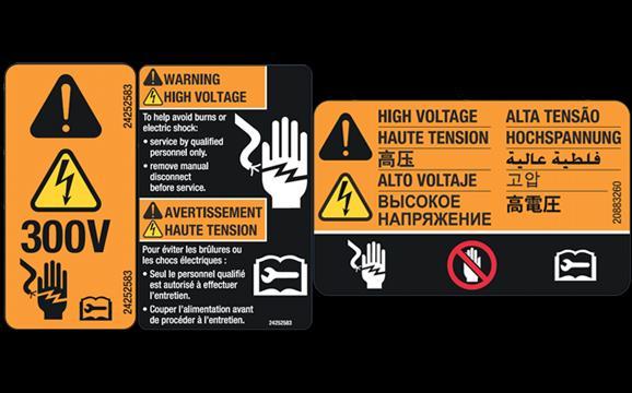High Voltage Labels The emergency / service personnel warning label is affixed at the front of