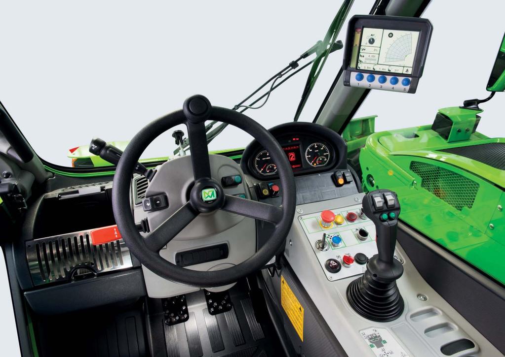 Largest cab in the category 1. M CDC - Dynamic Load Control: Merlo-patented safety system with safety standards better than EN15000. 2. Electromechanical joystick.