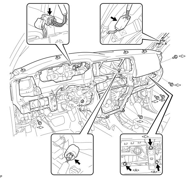 HINT: Use the same procedure described for the LH side. 32. REMOVE INSTRUMENT PANEL SAFETY PAD SUB-ASSEMBLY (a) Remove the 9 bolts <A> <B> <C> and nut <H>. (b) Disconnect the connectors.