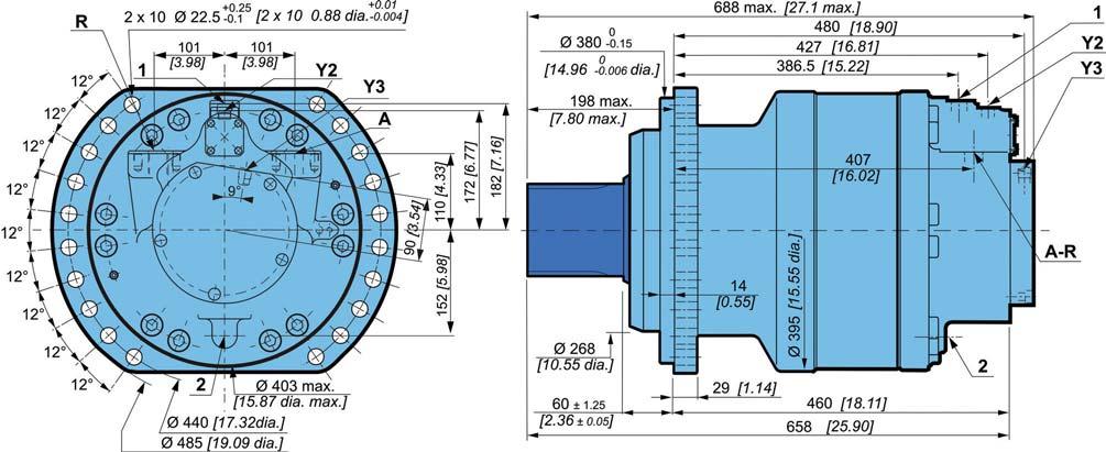 SHAFT MOTOR Dimensions for standard (2A50) 3-displacement motor 270 kg [594 lb] 5,00 L [300 cu.