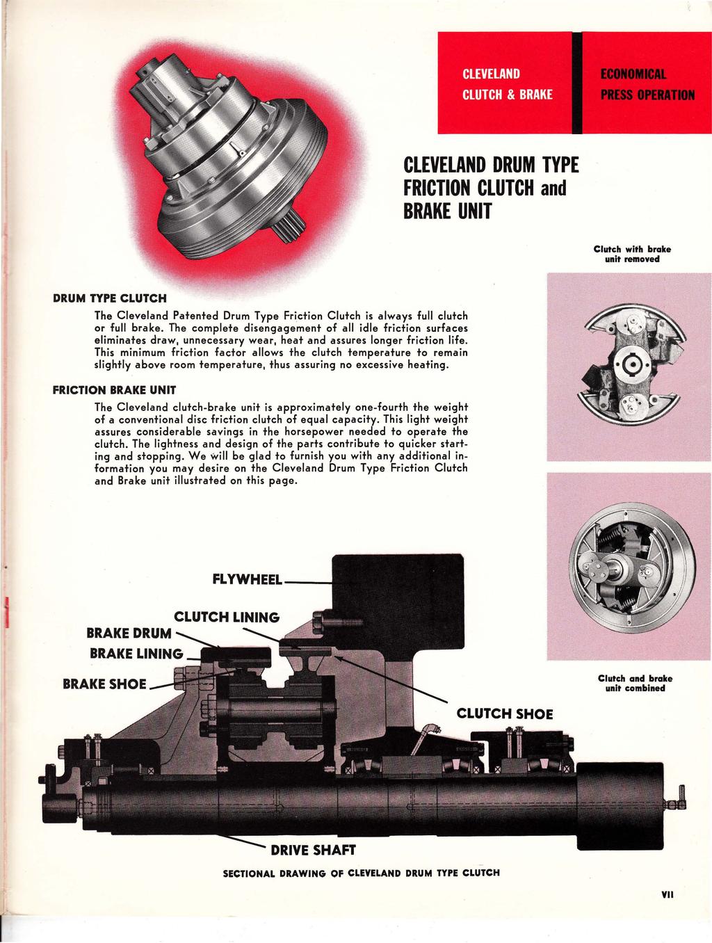 CLEVELAND DRUM TYPE FRICTION CLUTCH and BRAKE UNIT Cluteh wifh brake unit removed DRUM TYPE CLUTCH The Cleveland Patented Drum Type Friction Clutch is always full clutch or full brake.