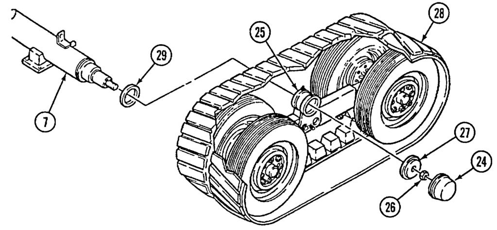 4-21. CROSS AXLE GROUP REPLACEMENT (Con't). 7. Remove hub cap (24) from frame group (25). Remove special self-locking nut (26) and retainer plate (27) from cross axle (7). Discard self-locking nut.