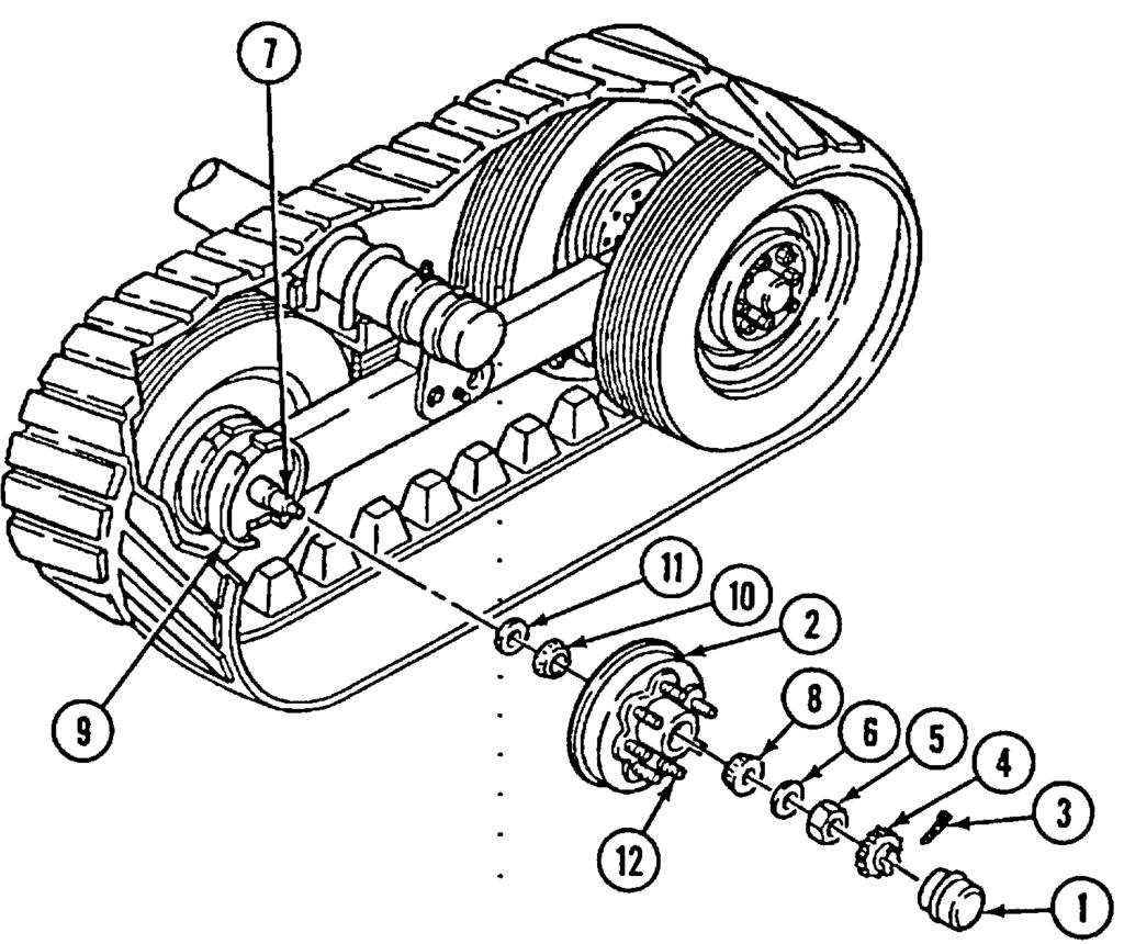 4-32. BRAKEDRUM MAINTENANCE (Con t). 2. Remove cotter pin (3) from nut retainer (4). Remove nut retainer (4) from front frame assembly spindle (7). Discard cotter pin. 3.