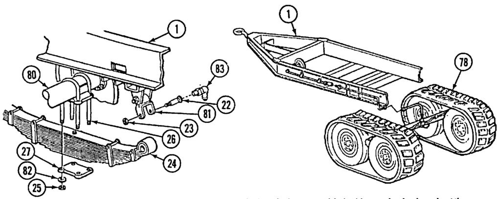 5-2. INSTALL TRACKED SUSPENSION (Con't). c. TRACKED SUSPENSION INSTALLATION: 1. Raise trailer (1) using slings and a wheel-mounted crane. Remove two jack stands.