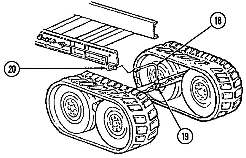 Lower trailer (1) in position over tracked suspension (79), aligning trailer springs (24) with tracked suspension cross axle (80) using slings and a wheel-mounted crane. 3.