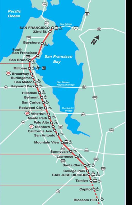 Caltrain System 32 Stations Gilroy to San Francisco 92 Weekday Trains JBP owns right-of-way