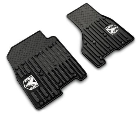 The all-weather style floor mat is molded in   DRIVER AND CO-DRIVER RAM'S HEAD LOGO FOR CREW/MEGA