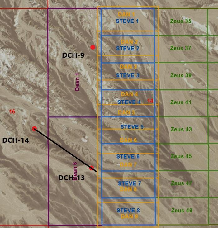 Enertopia Placer and Lode claim block shown in blue and gold Three of Cypress Development drill holes marked in red. DCH-9 and DCH -13 are closest to Enertopia s western project border.