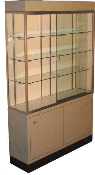 Boutique Case CHOICES: DESIGNER: Aluminum frame with textured gray formica exterior DELUXE: Brushed gold frame with glossy black formica exterior FEATURES: Fluorescent lighting LED lighting available