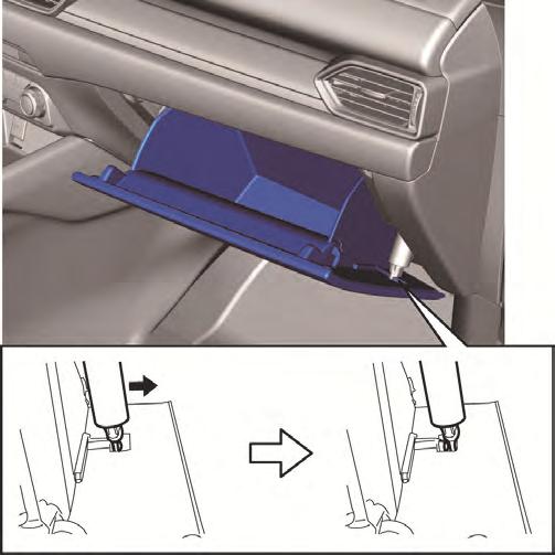 Glove compartment Stay damper Hook Glove compartment removal 1. Pull the stay damper in the direction of the arrow shown in the figure and detach the hook.