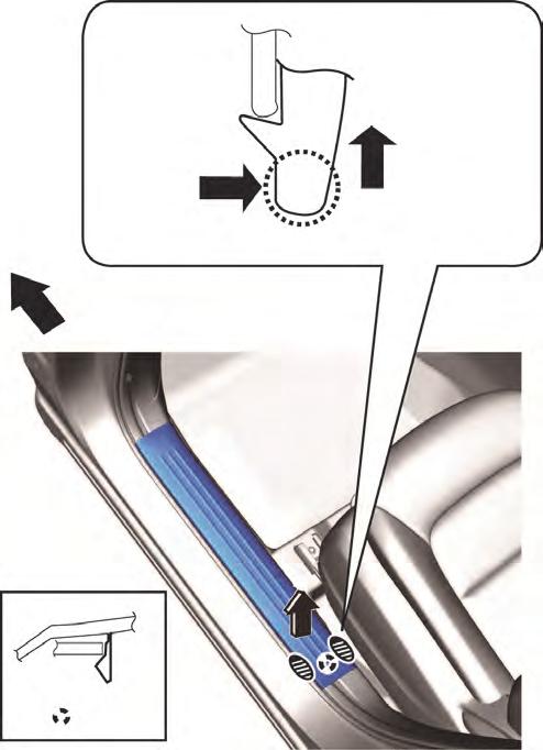 Illustration indicates left side. (RH side identical) Inner panel Front scuff plate Tab A (2) (1) Area A Front scuff plate removal 1.