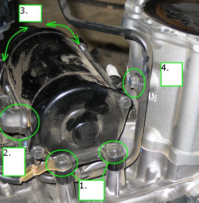 45 58) The Clymer manual doesn t say this, but you ll need to remove the starter motor to get good access to the next couple bolts. Remove bolts (1), which hold the starter motor in place.