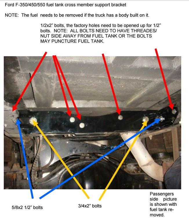 11. Locate the fuel tank cross member brackets. It consists of 3 pieces. Install using the picture below.