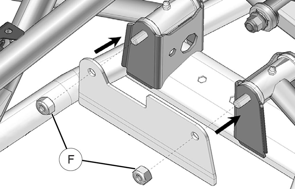 2. Install the suspension stiffener plate on the lower a arms mounting bolts. Secure the stiffener plate using the nylon nuts provided. Torque nuts to specification provided. 37 ft. lbs. (50 Nm) 3.