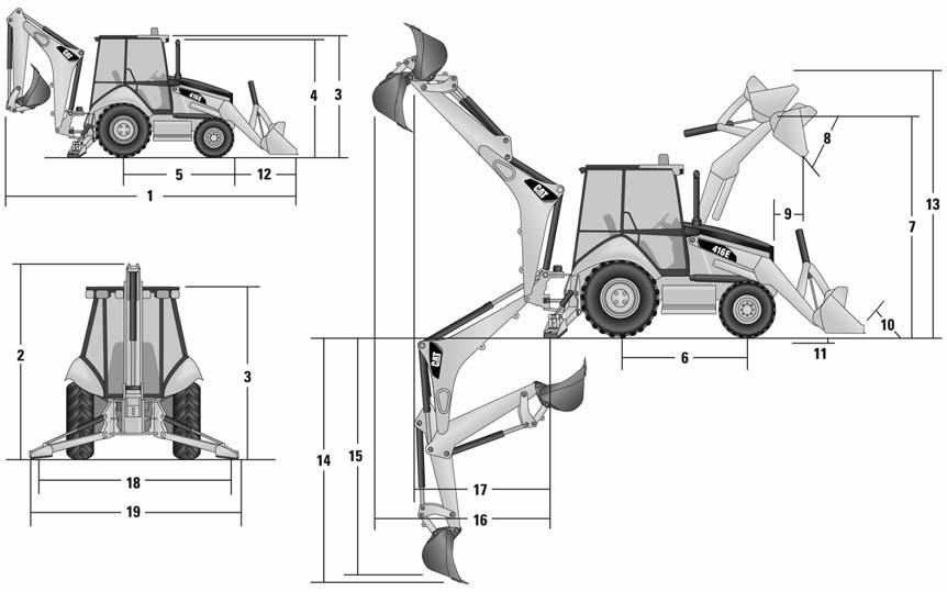 416E Single-Tilt Loader Dimensions and performance specifications shown are for machines equipped with 11L x 16 (10 PR) front tires, 19.