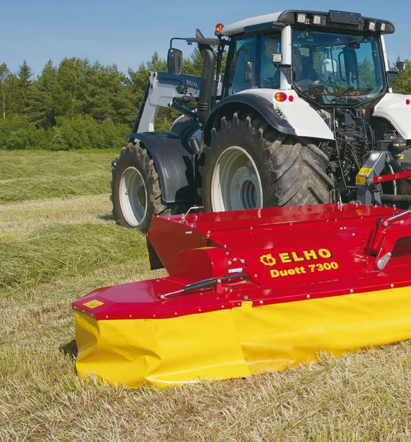 ELHO Duett 7300 The ELHO Duett 7300 is a mower conditioner for large areas that utilises the properties of the self-propelled harvester in a tractor mower conditioner combination.