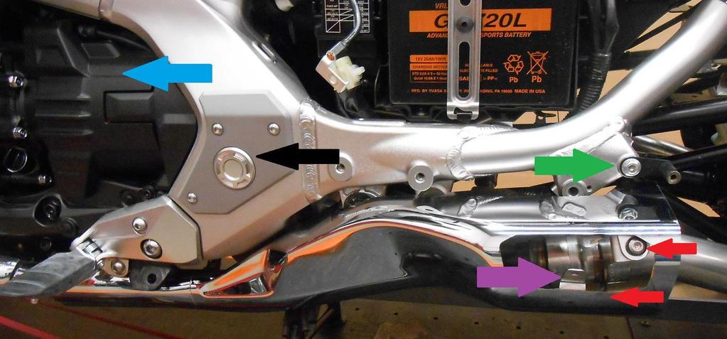 7. Install the OEM Heat Shields onto the front tabs. 8. Secure the CSC mount to the Heat Shield with 1 OEM Rubber Protector, SHCS and Nyloc nut. RED ARROWS. 9.