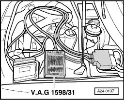 Page 22 of 78 24-20 - Connect VAG1598/31 test box to connector of wiring harness. Ground (GND) clip at test box (not visible in illustration) must be connected to Ground (GND).