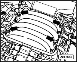 Page 51 of 78 24-43 Fuel injectors, removing and installing - Remove engine cover (arrows). - Remove intake air hose between Mass Air Flow (MAF) sensor and intake air elbow.