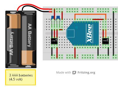 Remote temperature sensor Temperature sensor with: MCP1700 (Iq 1.6µA) 2x 1µF ceramic capacitors TMP36 1x 1µF ceramic capacitor XBee Series 2 (3.3V - works down to 2.