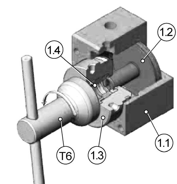 3) out of the actuator housing (1.1). Doc003641.png 9) Screw the fitting nut (9) into the actuator housing (1.1). 10) Install a valve pin (V) so it engages into the slots of the piston (1.