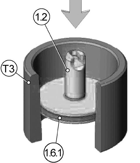 5) Insert the piston (1.2) uniformly in the calibration sleeve (3). NOIE his will precisely align the piston seal (1.6.