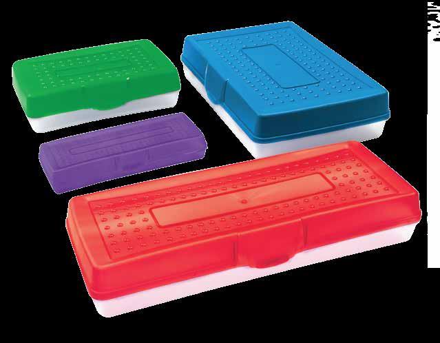 PENCIL BOXES 4 sizes available to hold various projects, crafts and supplies Lid snaps shut with integrated latch Durable plastic