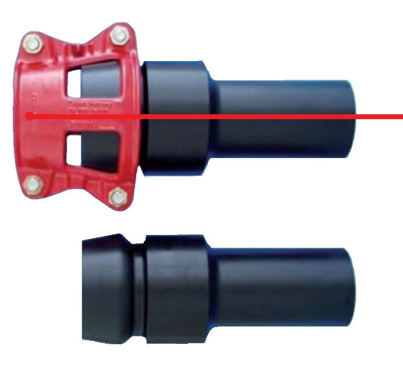 Transition Coupling PE-100/PVC-U with Cast Iron clamp PE-100, SDR11/17 with Cast Iron pull-out