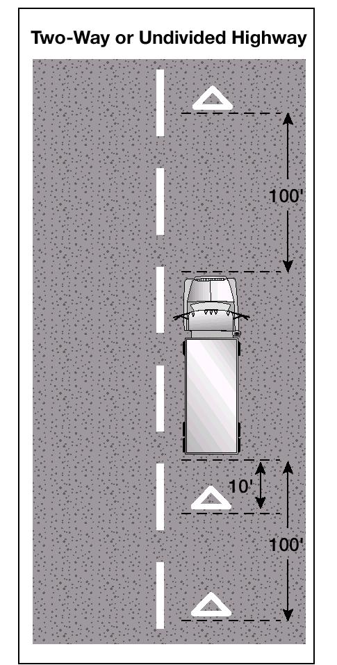 If you stop on a two-lane road carrying traffic in both directions or on an undivided highway, place warning devices within 10 feet of the front or rear corners to mark the location of the vehicle