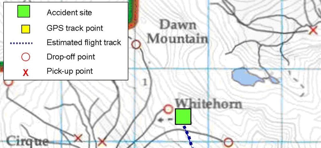 - 3 - The data indicate that the route flown on the accident flight (see Figure 1) was similar to the routes flown between Serenity Cabin and the Whitehorn drop-off site on three flights completed