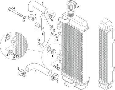 11.9.4 Place of fixing the radiator is on right side of engine. 11.9.5 Radiator must be mounted with all components as shown in the illustrations either like version 1, version 2 or version 3. 11.9.6 For version 2 there are 2 legal options to mount the radiator to the retaining plate (see drawing for details).