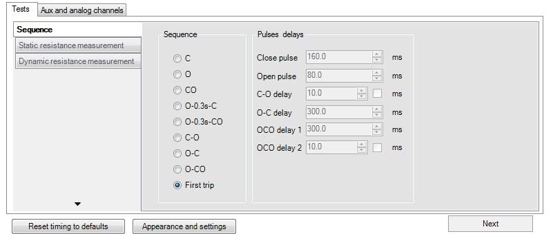 Settings in DV-Win software Main setting adjustments for the First trip test are performed on the analog channels.