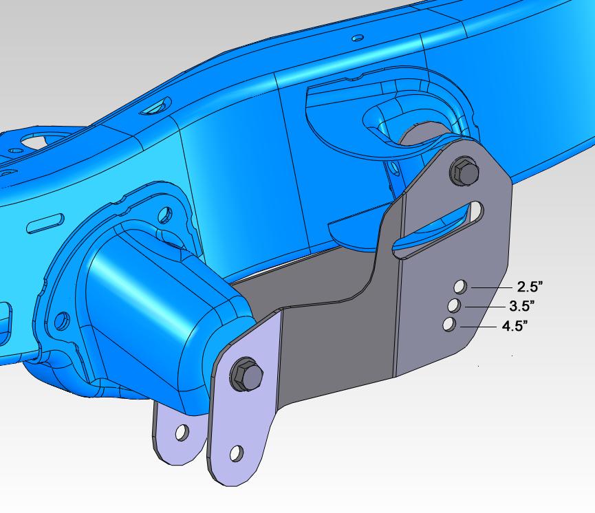 NOTE: There are three relocation holes in the brackets for mounting the upper control arms. For the AEV 2.