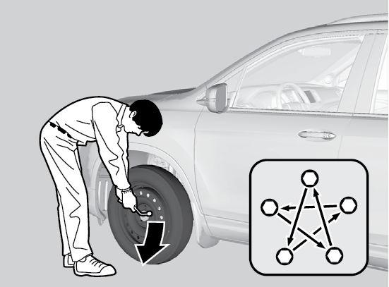 Mount the compact spare tire. Replace the wheel nuts and lightly tighten them. 3. Lower the vehicle and remove the jack.