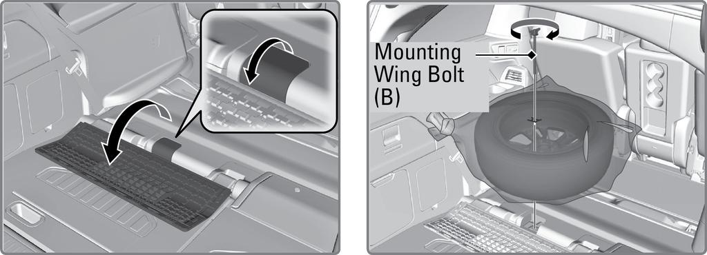 4. Put the tire mounting wing bolt (B) in the attachment point through one of the five wheel nut holes, and tighten the bolt.