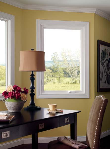 BRAND UMMARY Pella 350 eries Casement windows feature extruded, rigid PVC (polyvinyl chloride) frames and sash with heat-fused mitered corners for a fully welded corner assembly.
