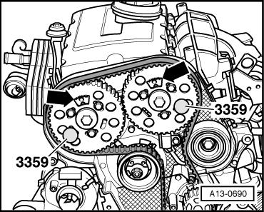 Page 4 of 10 Lock crankshaft sprocket using crankshaft stop -T10050- for engines with circular crankshaft sprocket, or crankshaft stop - T10100- for engines with oval crankshaft sprocket.