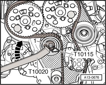 Then turn pin wrench -T10020- clockwise - arrow- until stop and tighten securing nut - 1- finger-tight. Take off toothed belt first from coolant pump and then from the remaining sprockets.