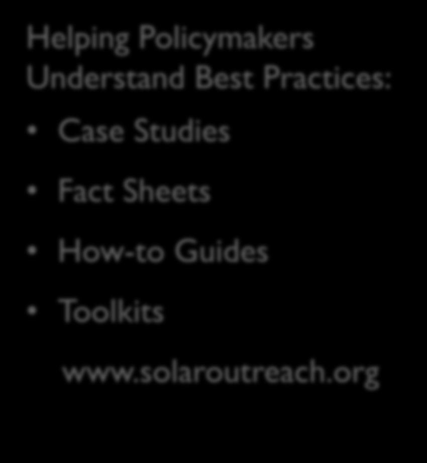 Complimentary Services Technical Resources One to One Assistance Helping Policymakers Understand Best Practices: Case Studies Fact Sheets