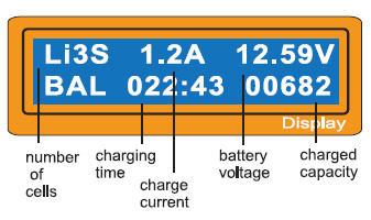 After charging starts the screen shows details of the charge process. To stop charging press Batt type/ Stop key once.