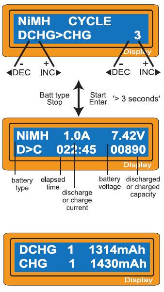 Charge/Discharge & Discharge/Charge cycle NiMH/NiCd battery The Charge/Discharge cycle algorithm will allow you cycle packs up to 5 times to break-in a new NiMH/NiCD pack or revitalise older packs.
